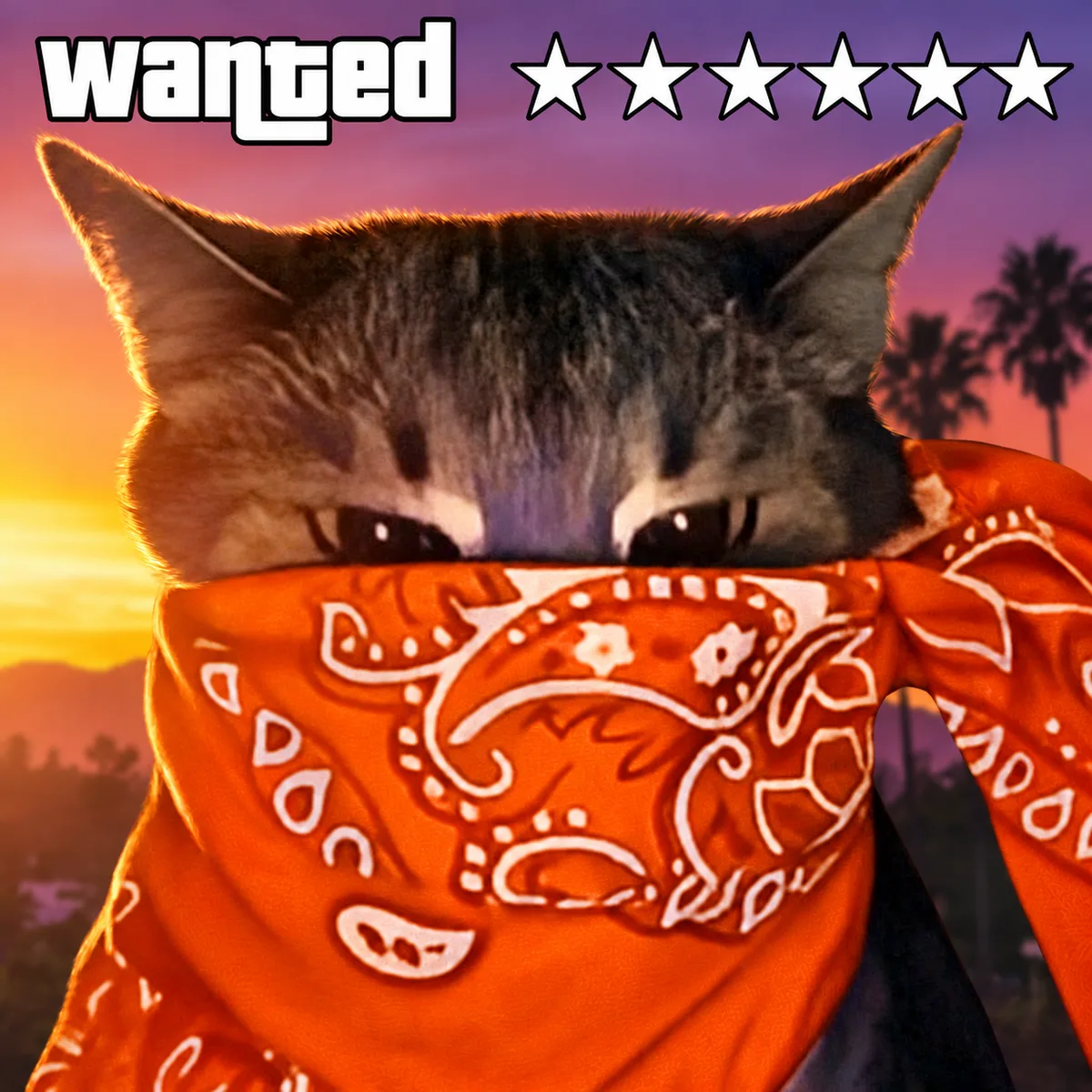 Crime Cat in an orange bandana in front of a sunset with palm trees